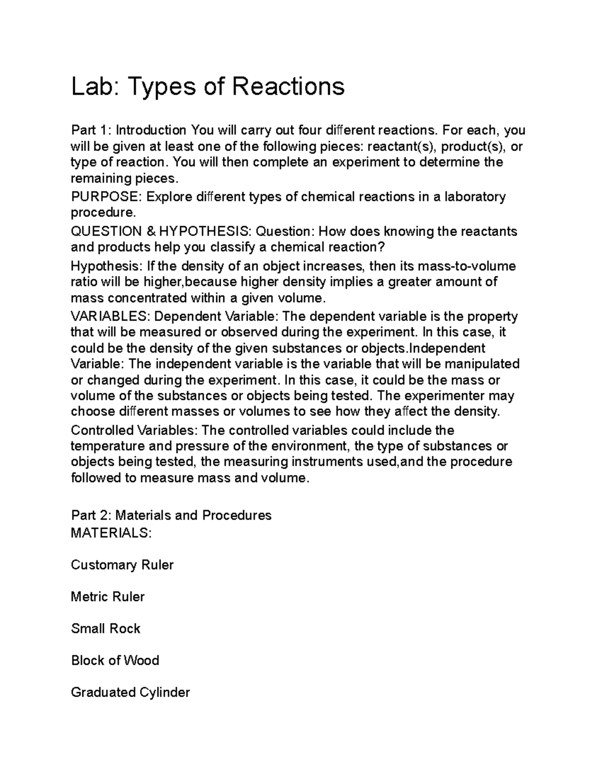 Lab: Types of Reactions Part 1 - Exploring Chemical Reactions - Studocu