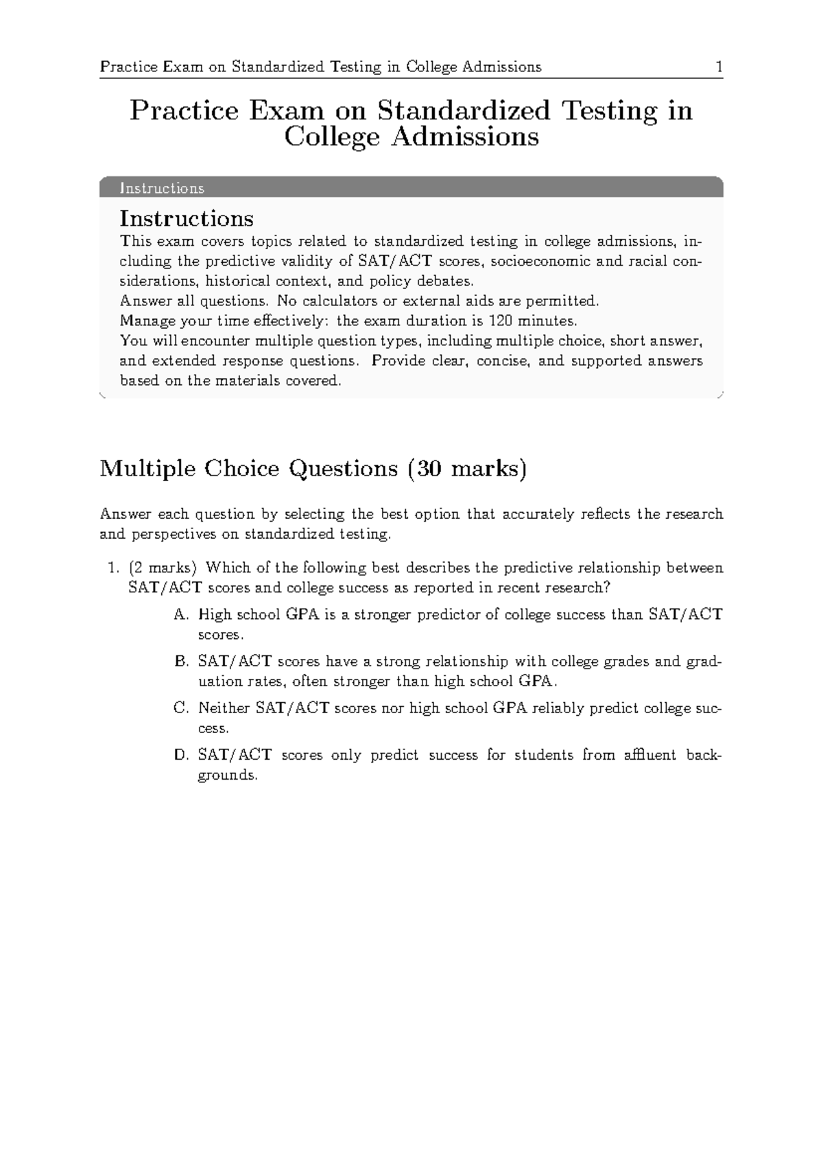 Practice Exam on Standardized Testing in College Admissions (Course ...