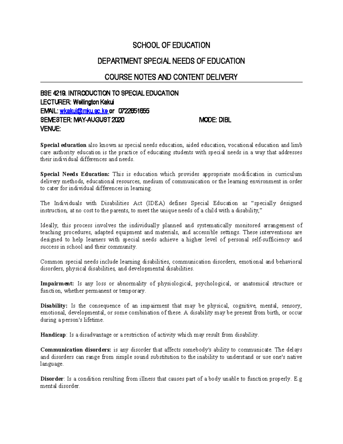 BSE 4219: Comprehensive Course Notes on Special Needs Education - Studocu