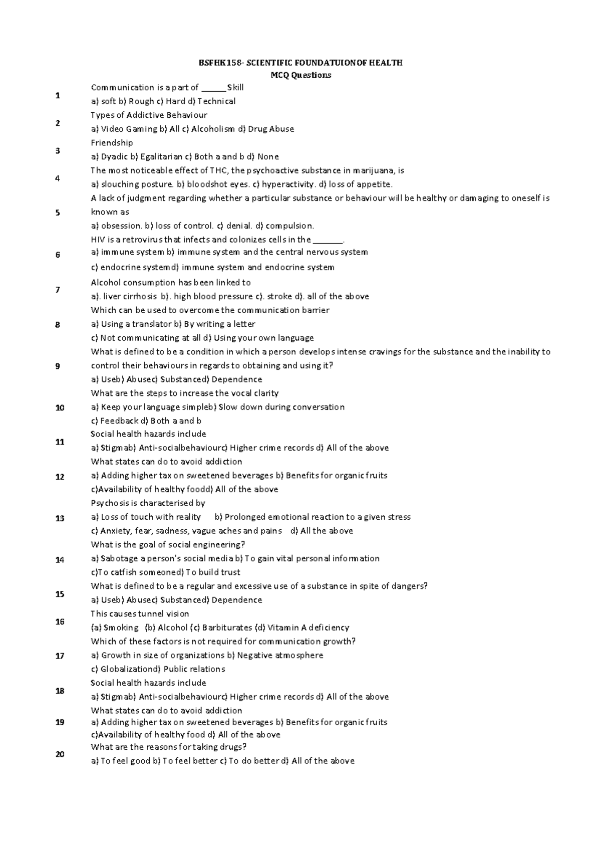 SFH MCQ - Scientific Foundations of Health Questions 1-20 - Studocu
