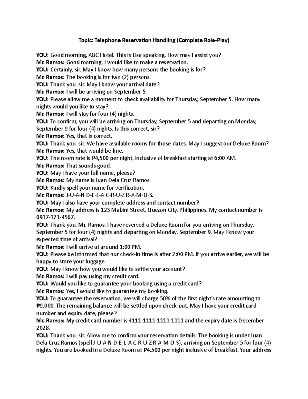 Front Office Role Play Script: Telephone Reservations & Guest Arrival ...