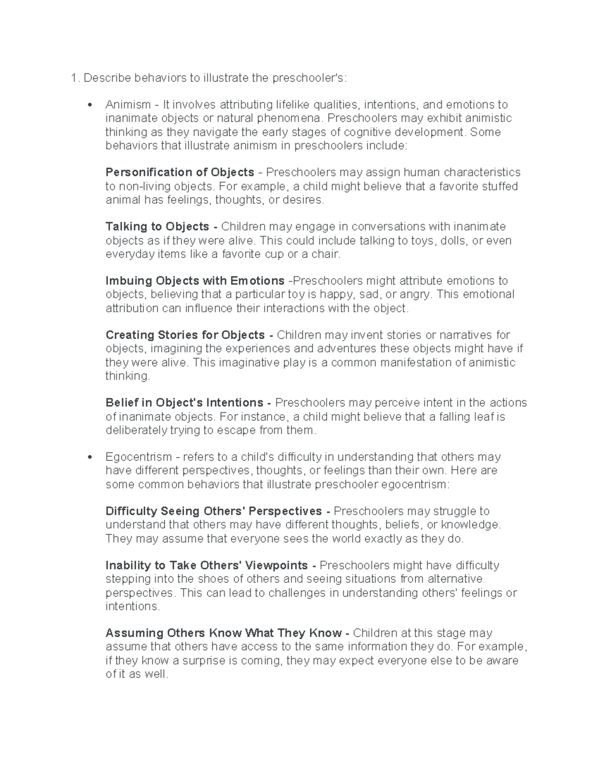 EDUC 100 Cognitive Development of Preschoolers - Describe behaviors to ...