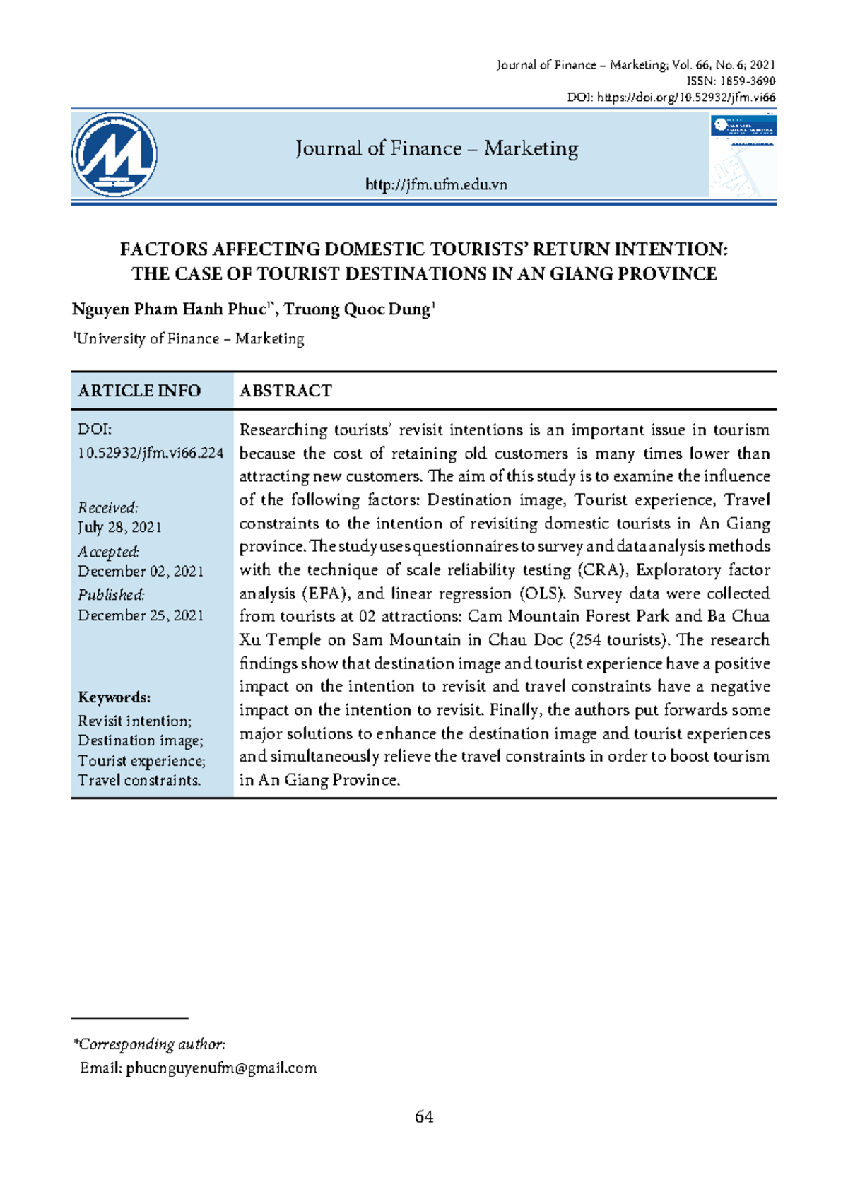JFM 2021: Factors Influencing Domestic Tourist Revisit Intentions in An ...