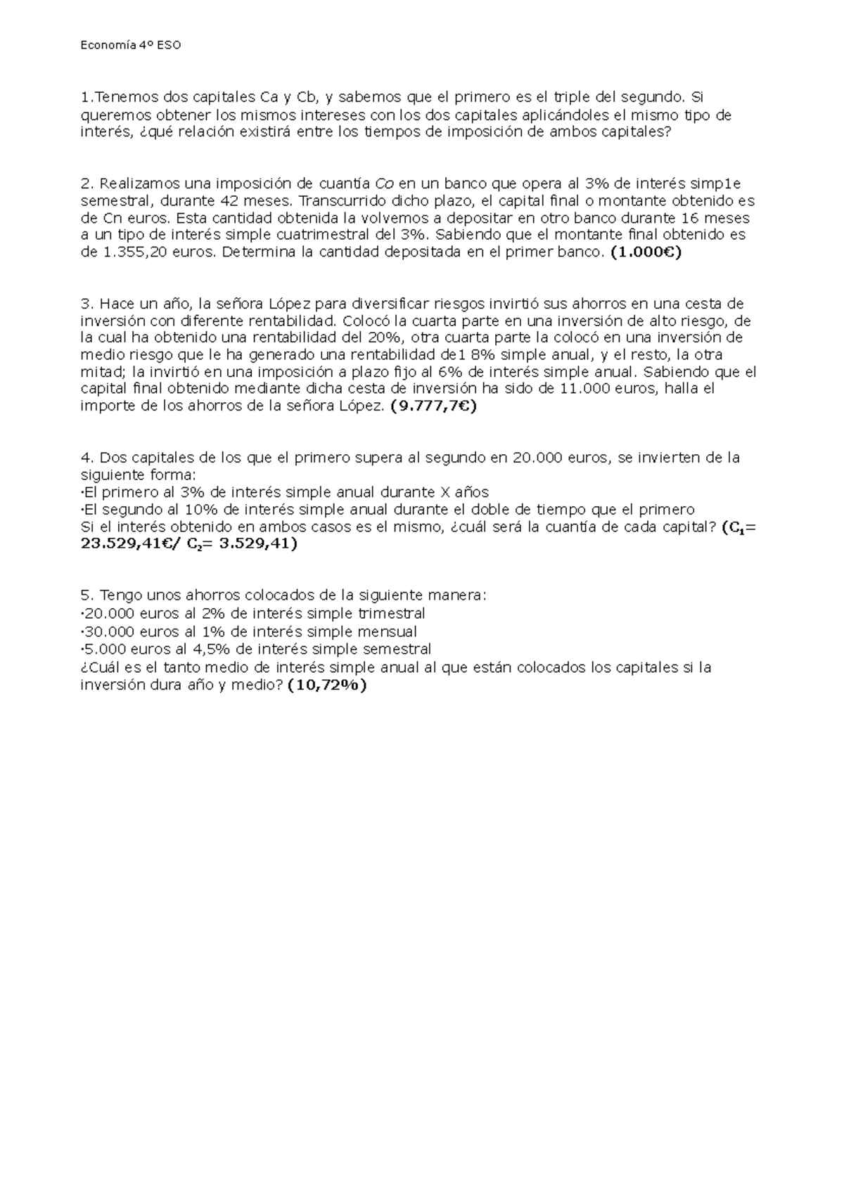 Problemas de Refuerzo en Capitalización Simple - Economía 4º ESO - Studocu