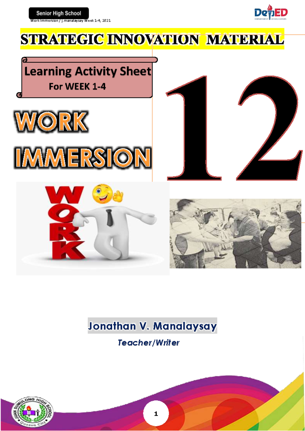 **Work Immersion Learning Activity Sheet: Weeks 1-4 - Grade 12 (SHS ...