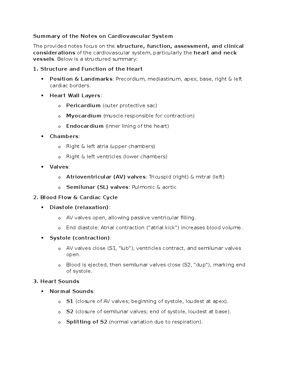 Summary of the Notes on Cardiovascular System - Below is a structured ...