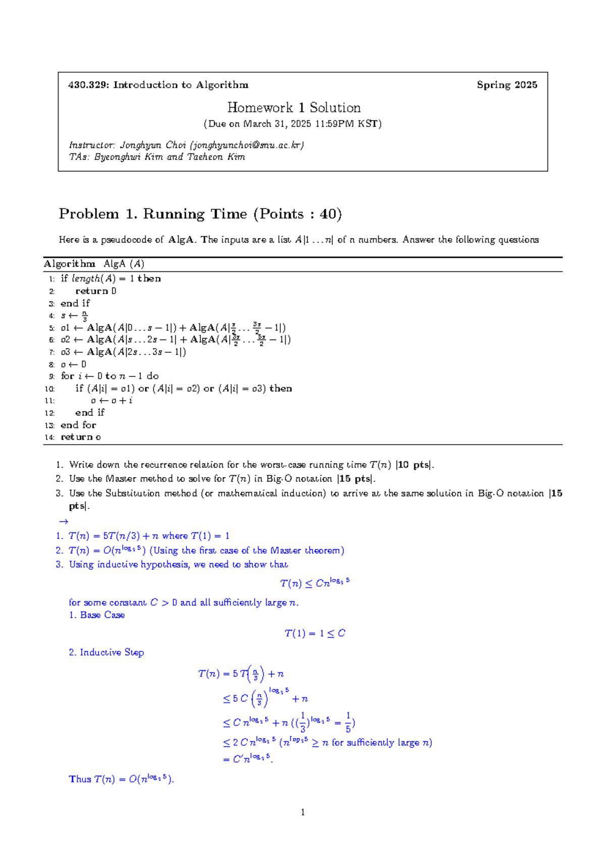 430.329: Spring 2025 Homework 1 Solutions on Algorithms - Studocu