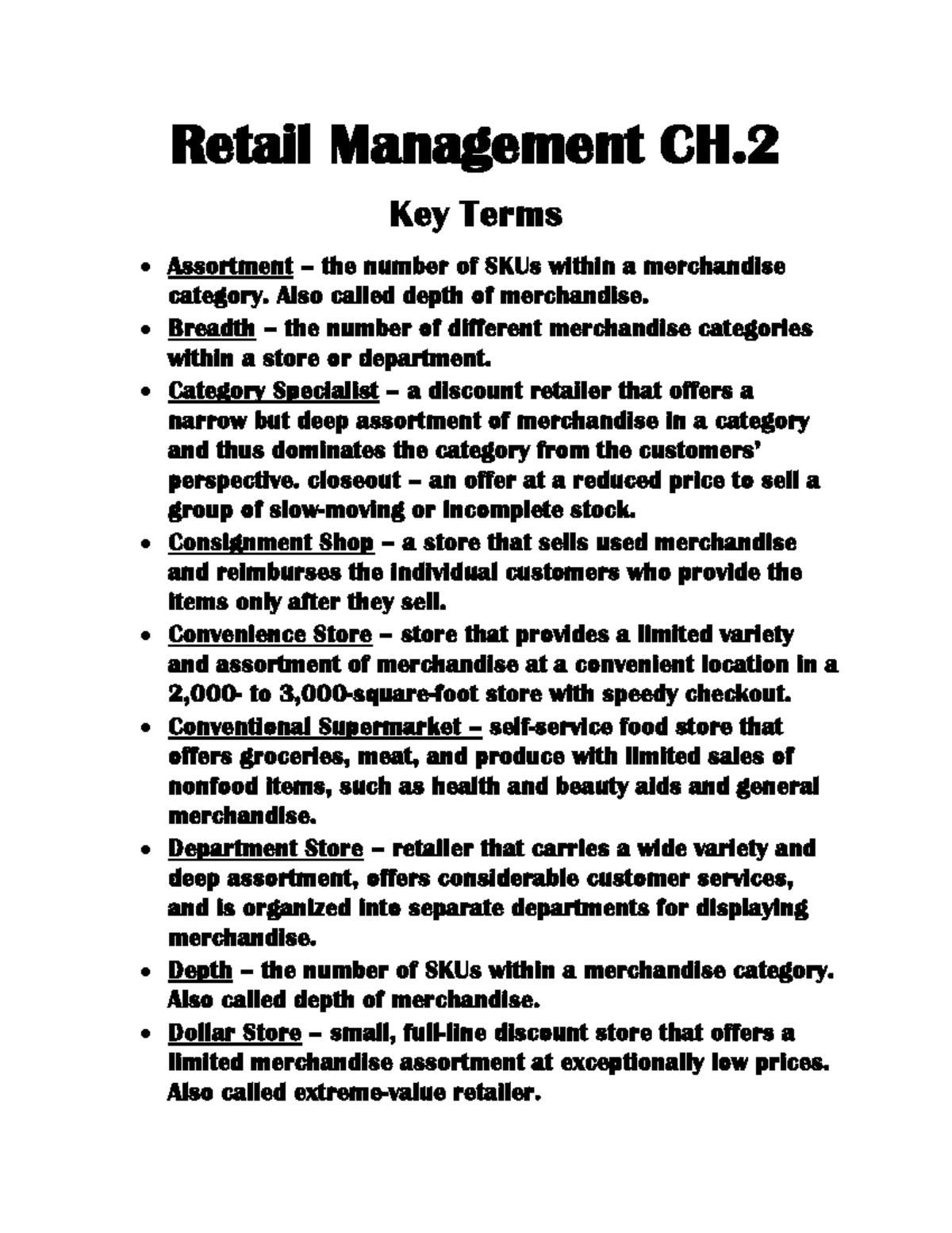 Retail Management Chapter 2: Key Terms and Concepts - Studocu