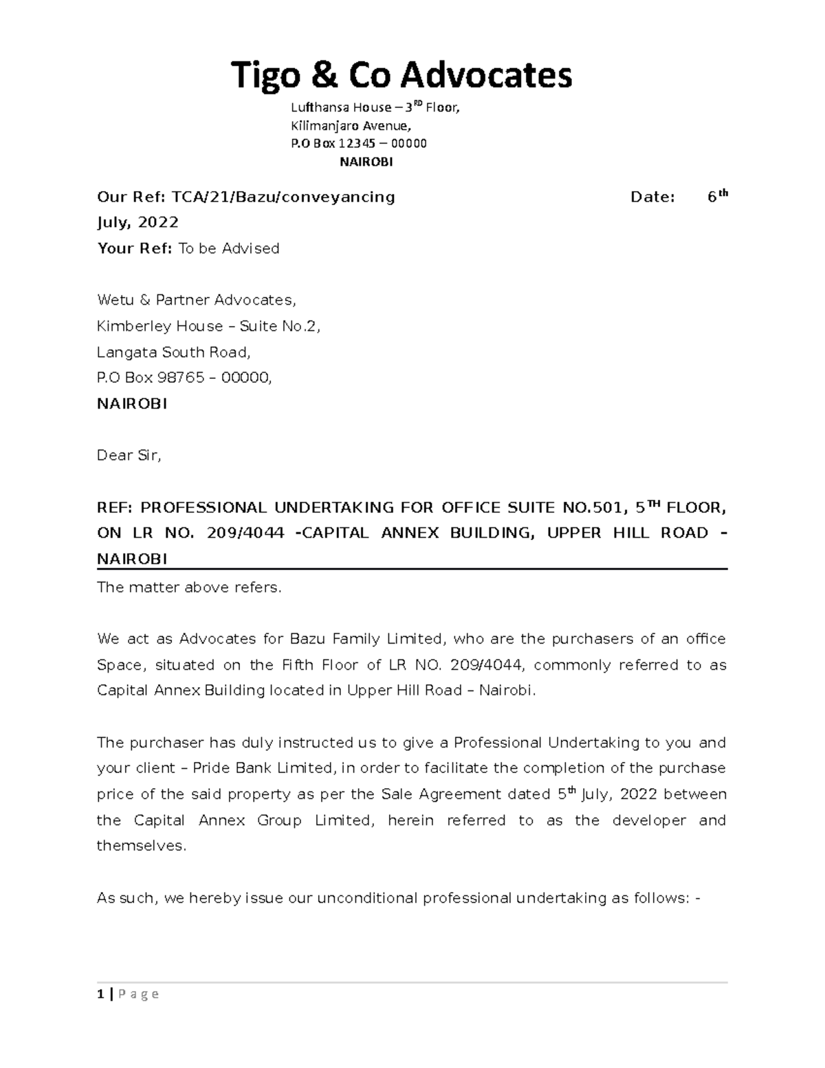 Professional Undertaking for Office Suite No. 501 Capital Annex - Studocu