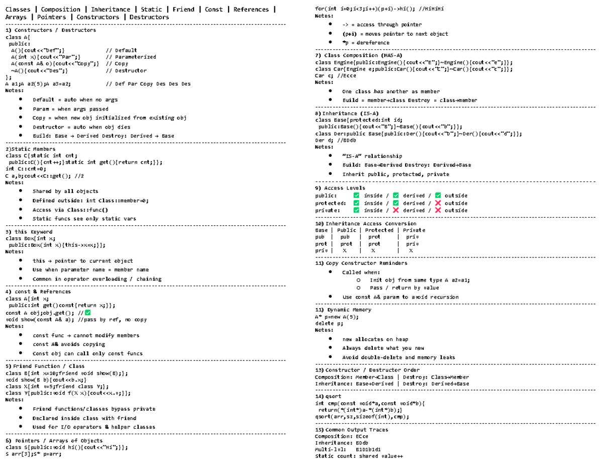 COEN 244 Midterm Cheat Sheet: Classes, Inheritance, and Pointers - Studocu