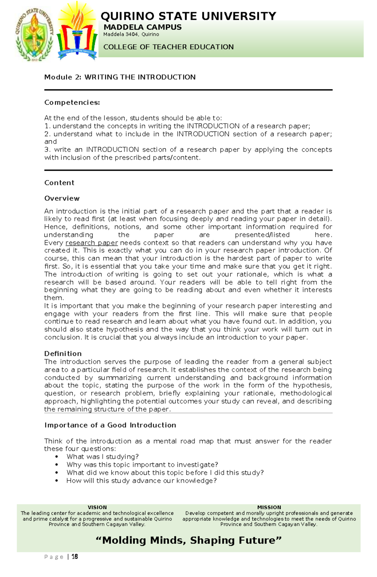 Module 2: Writing the Introduction for Research Papers - Studocu