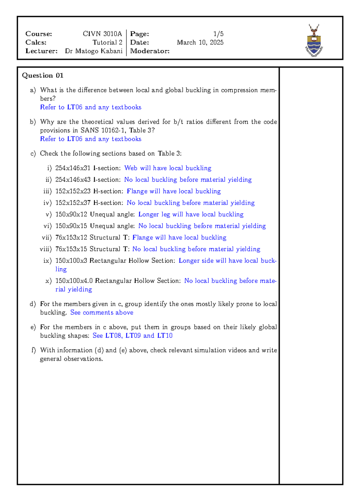 Tutorial 02 2025 Solution - Calcs: Tutorial 2 Date: March 10, 2025 ...