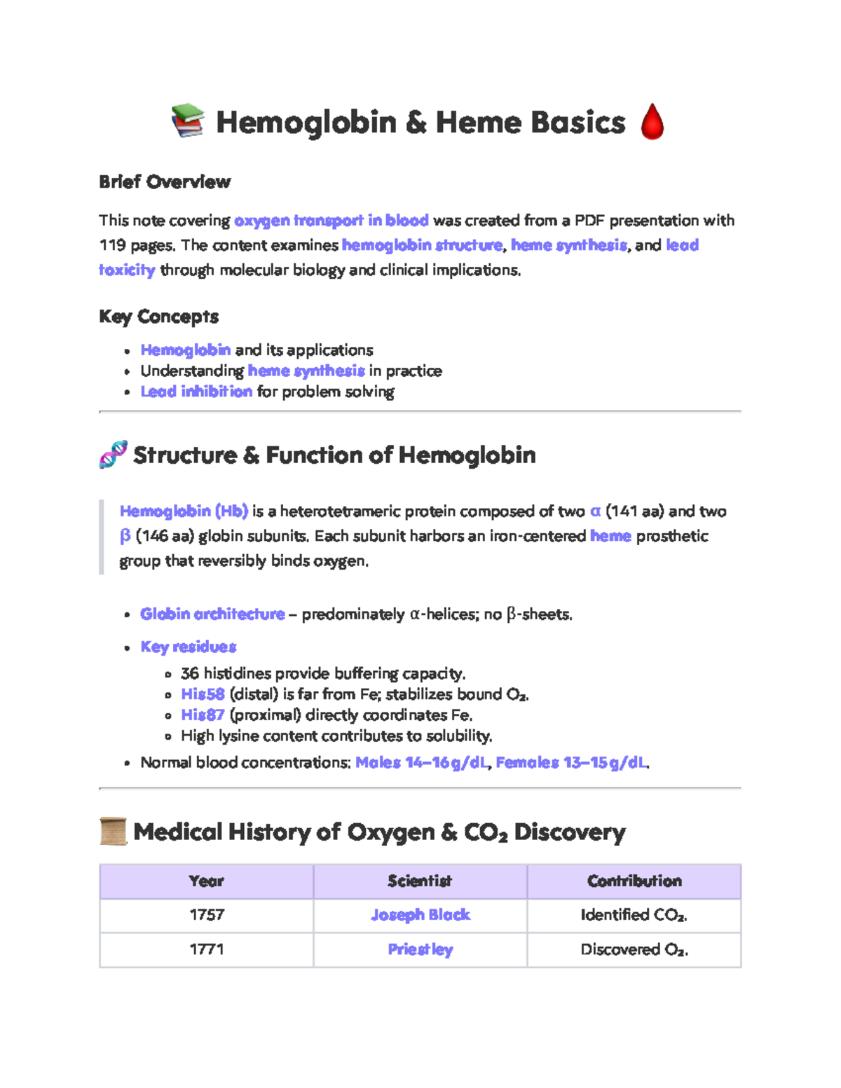 Lecture Notes on Hemoglobin & Heme Basics - Studocu