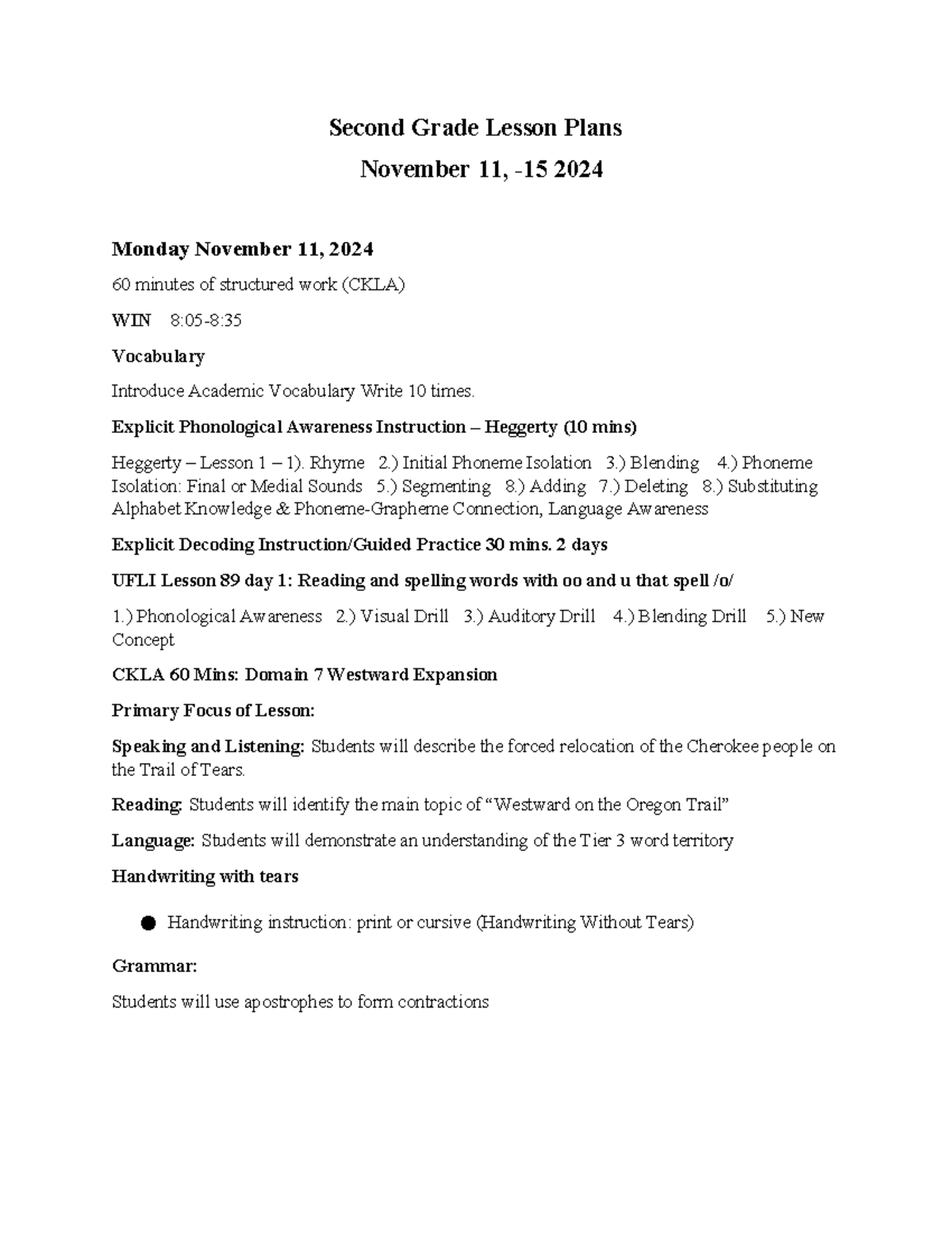 Second Grade Lesson Plans (Nov 11-15, 2024) - CKLA & STEM Focus - Studocu