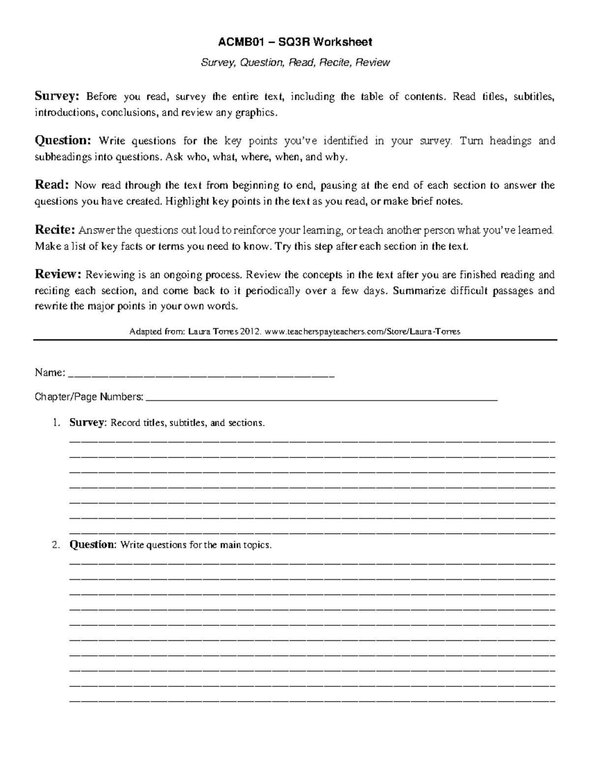 SQ3R US HISTORY ACMB01 Worksheet: Survey, Question, Read, Recite ...