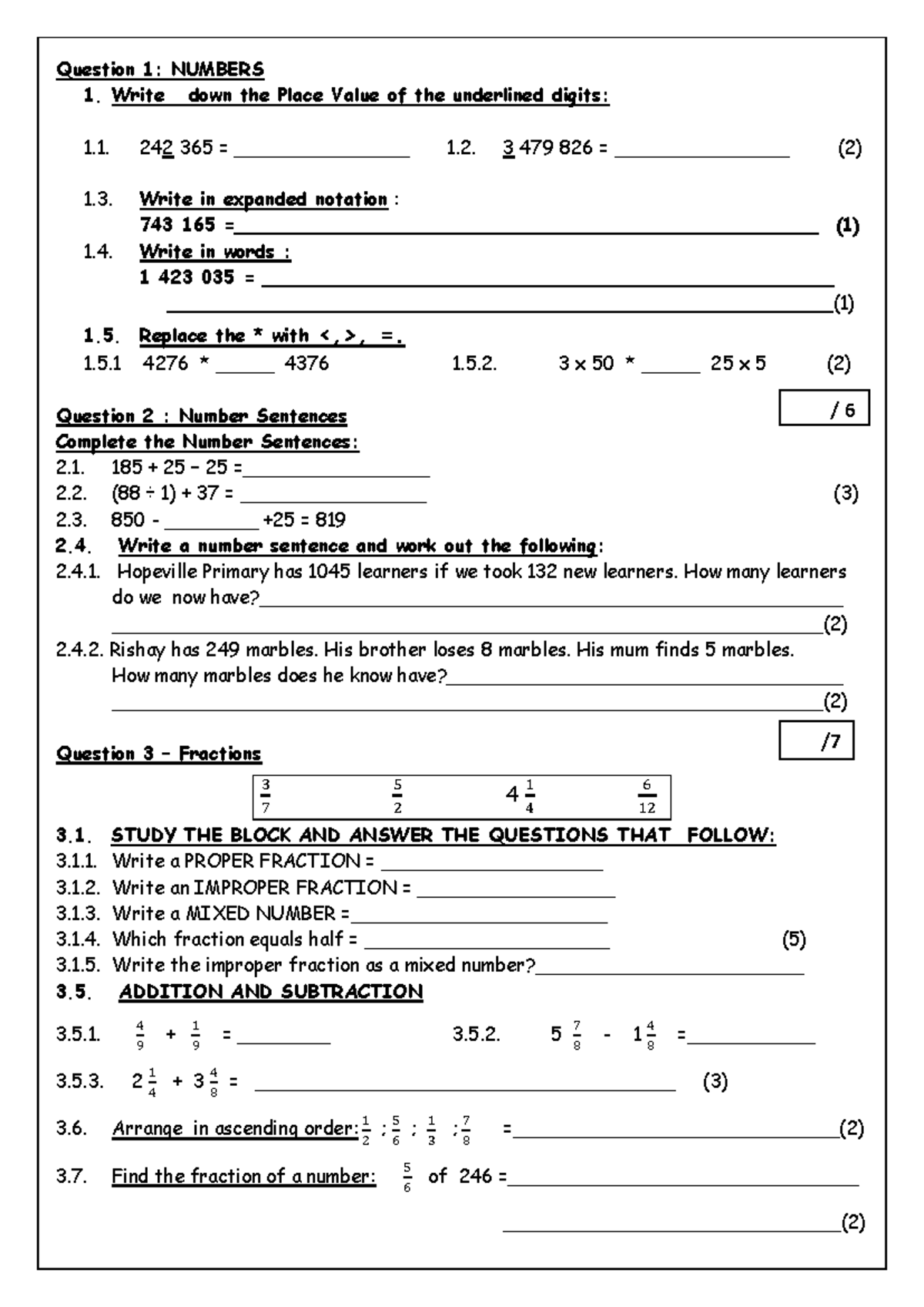 Maths Worksheet 052018: Place Value, Fractions & Problem Solving - Studocu