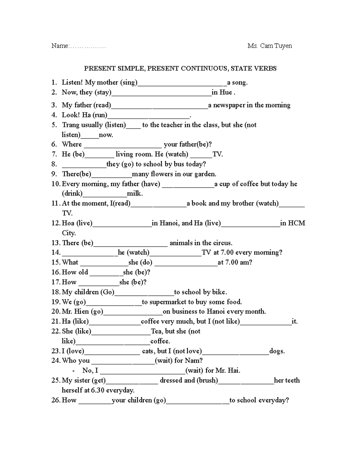 Ms. Cam Tuyen: Present Simple & Continuous - State Verbs Notes - Studocu