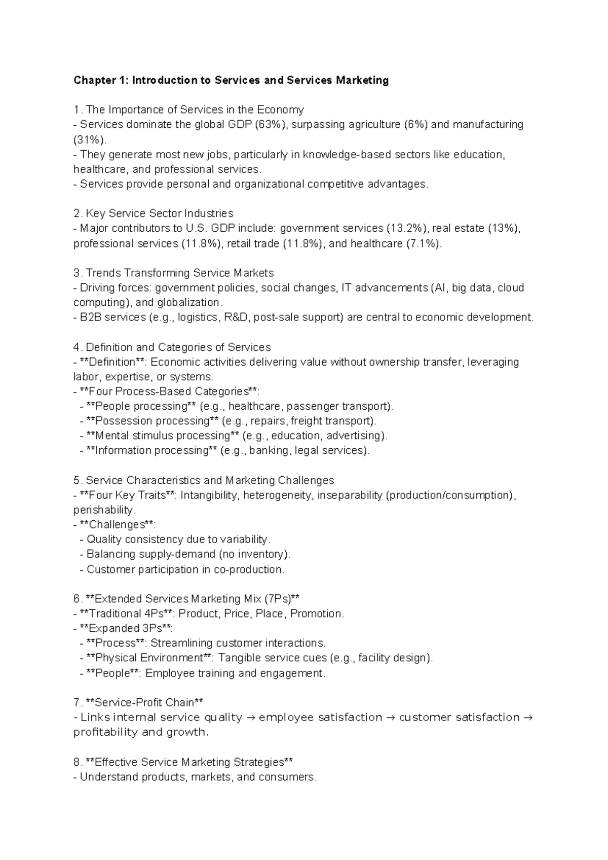 Chapter 1: Introduction to Services and Services Marketing Summary (MAR ...