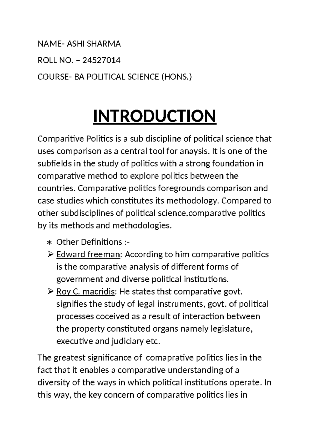 BA POLITICAL SCIENCE (HONS.) Assignment on Comparative Politics Methods ...