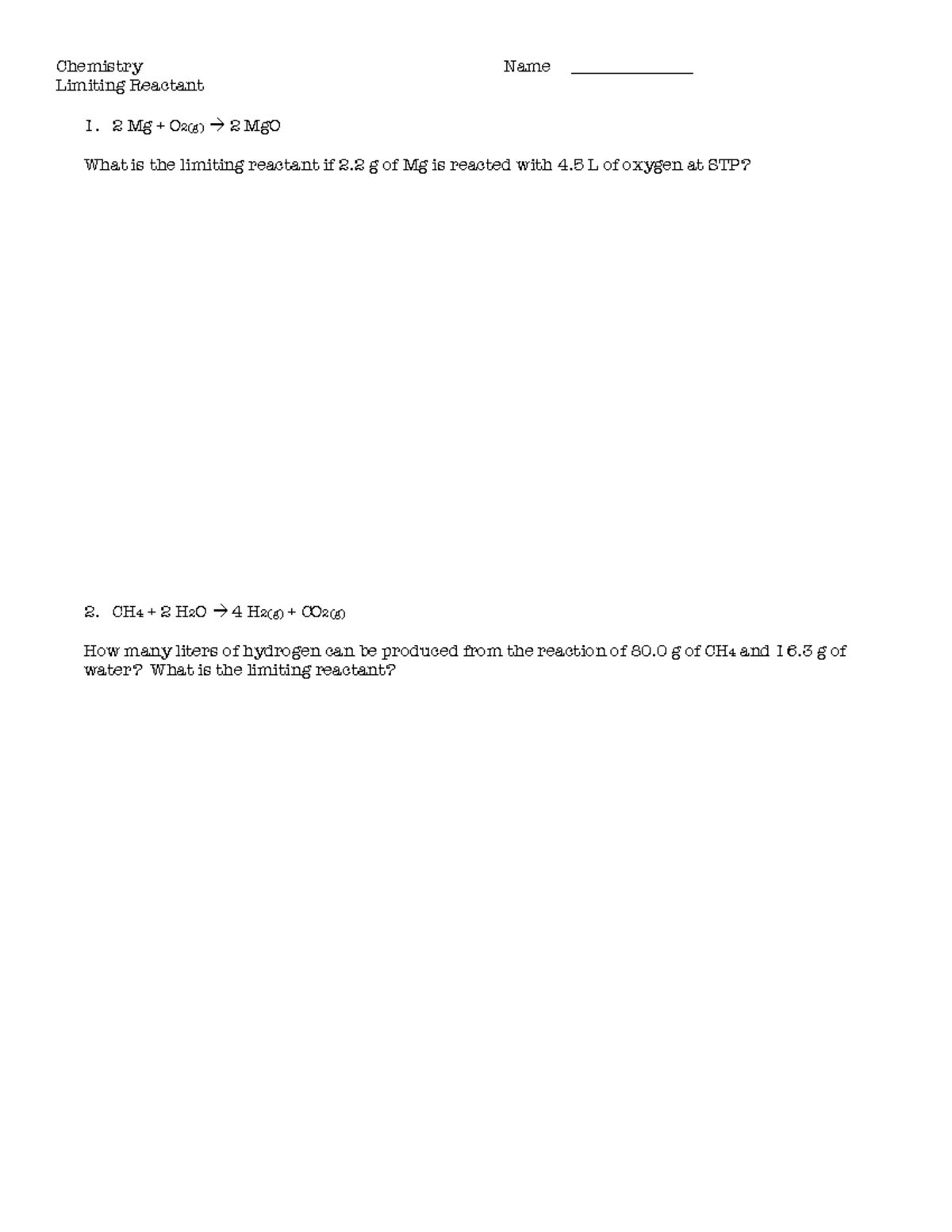 Extra Practice - limiting reactant worksheet - 1 Chemistry Name ...