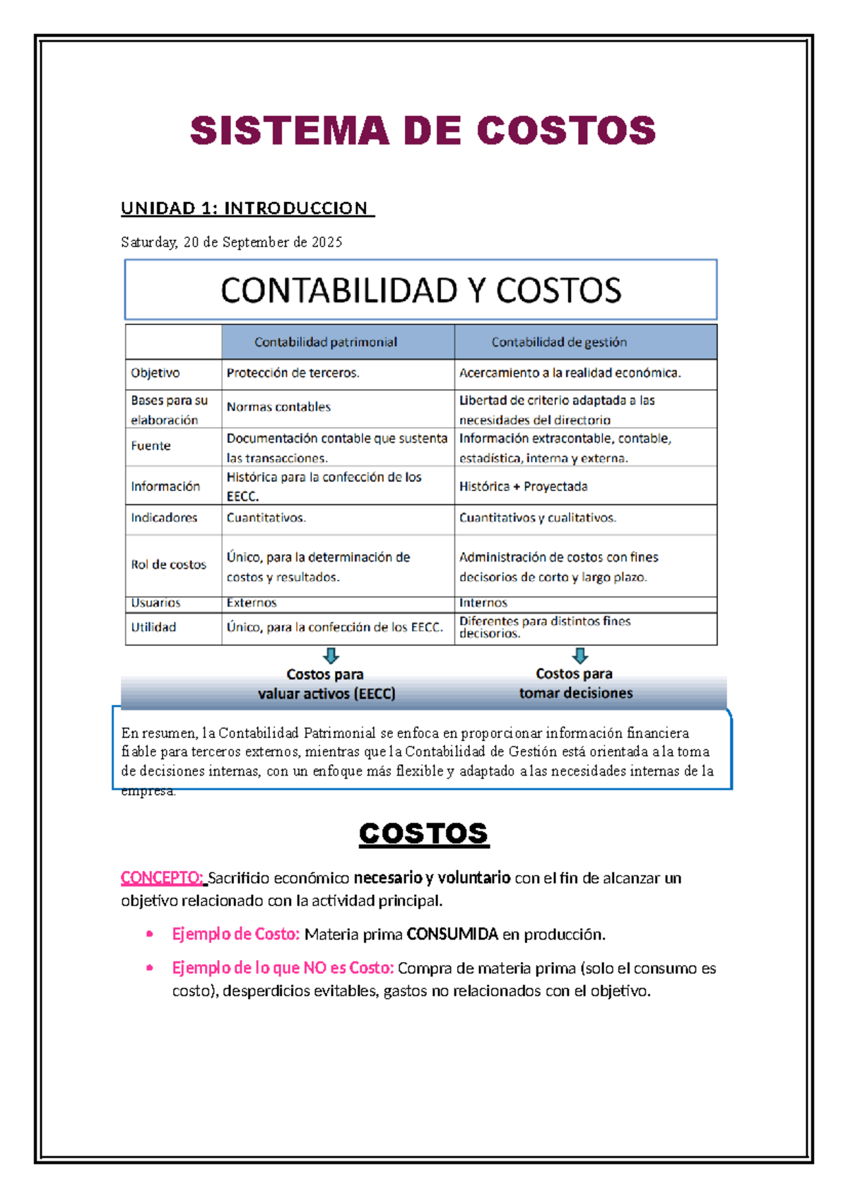 SDC-1: Apuntes de Clase sobre Sistema de Costos - Unidad 1 - Studocu
