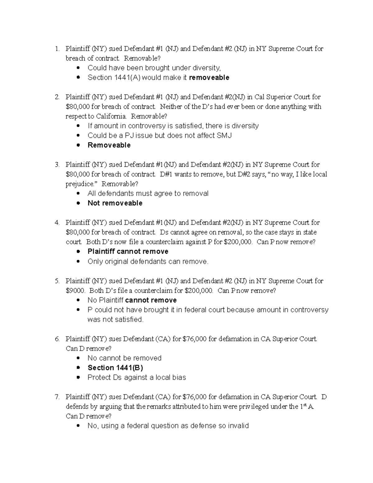 Civil Procedure Removal Hypotheticals for Final Exam (CIVPRO100