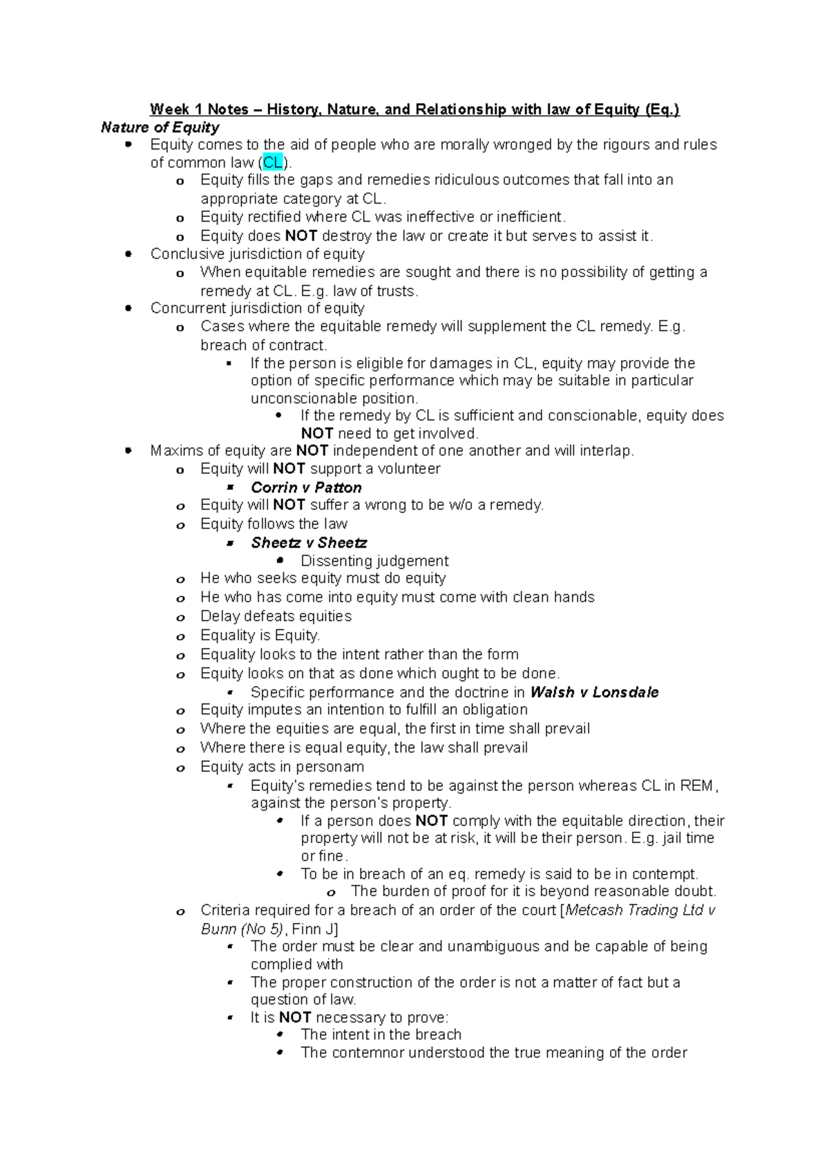 Equity Law Exam Notes (EQ 101) - Key Concepts and Principles - Studocu