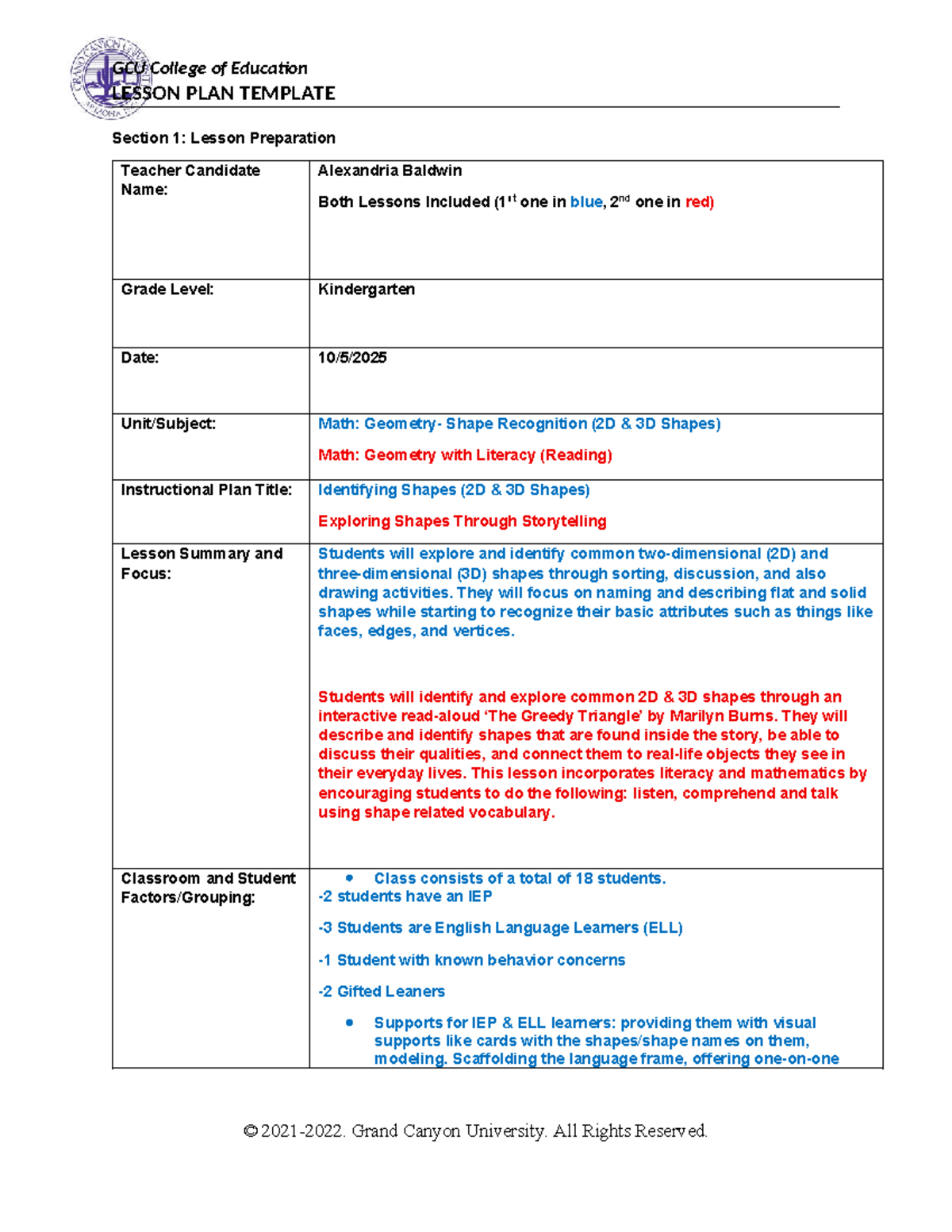 GCU ECE 455 Lesson Plan: Shape Recognition for Kindergarten - Studocu