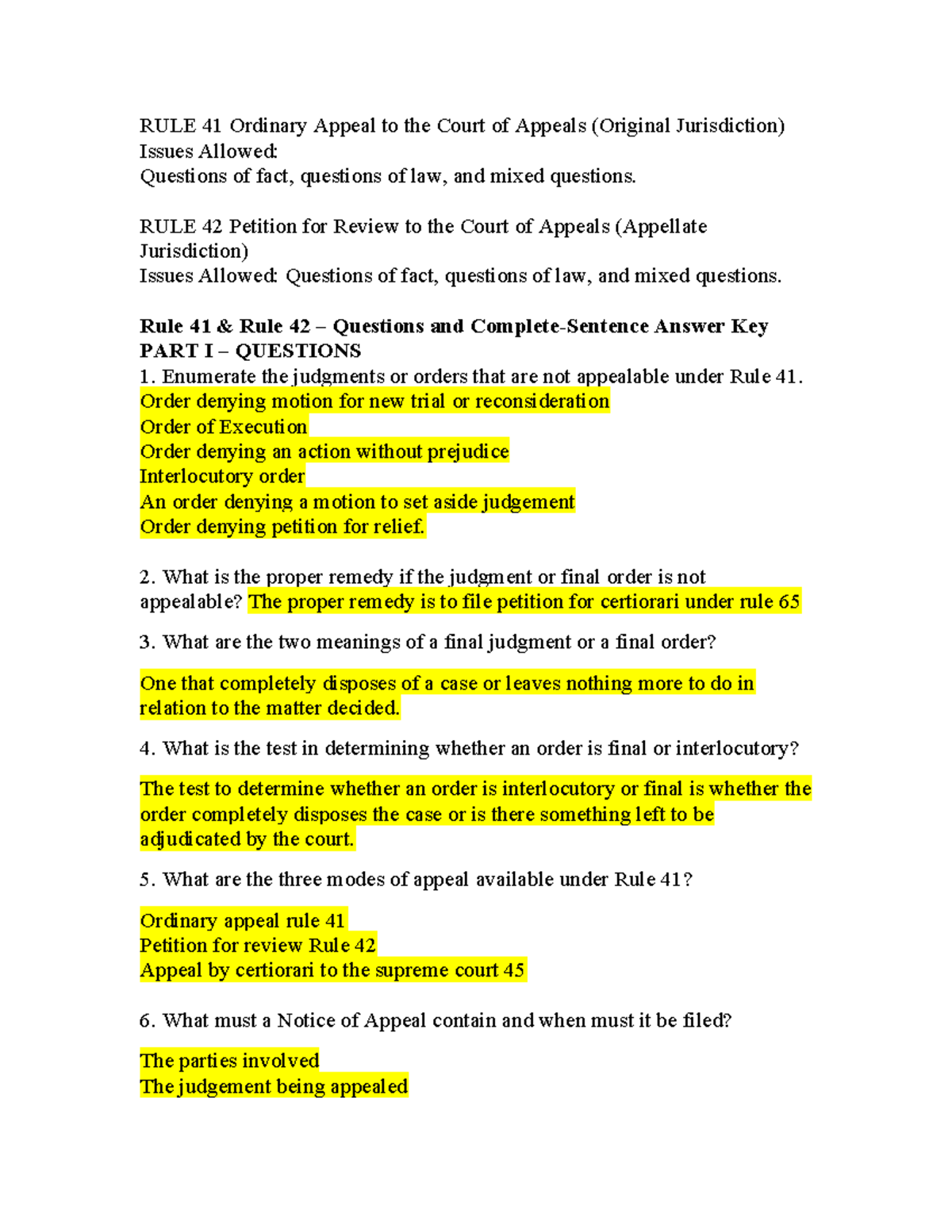 Rule 41 & 42 Q&A: Appeal Procedures & Key Issues Explained - Studocu