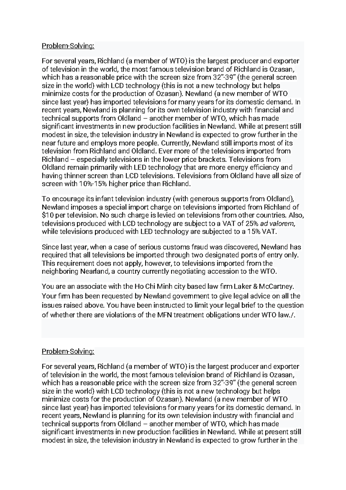 Ltmqt - Legal Brief on WTO Compliance Issues for Newland - Studocu