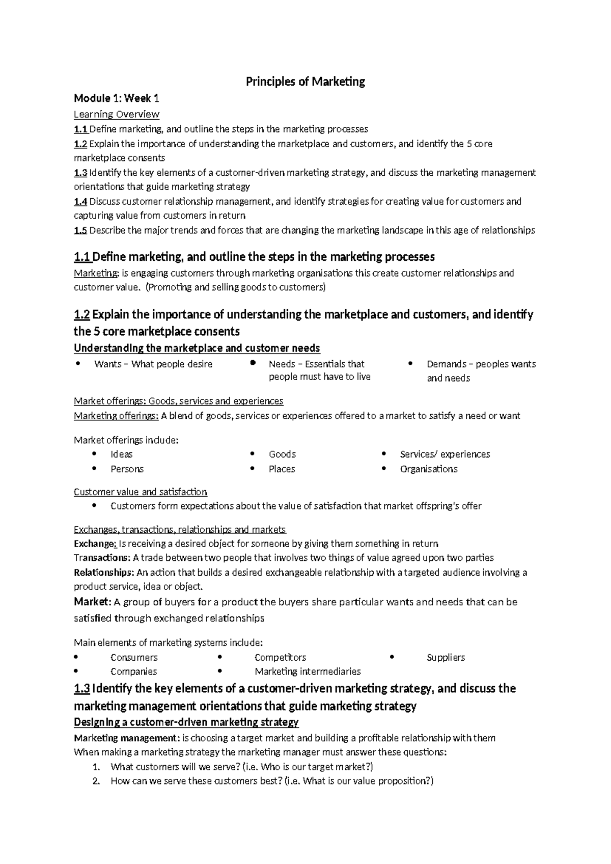 Principles of Marketing (MKT101): Week 1 Learning Overview and Key ...