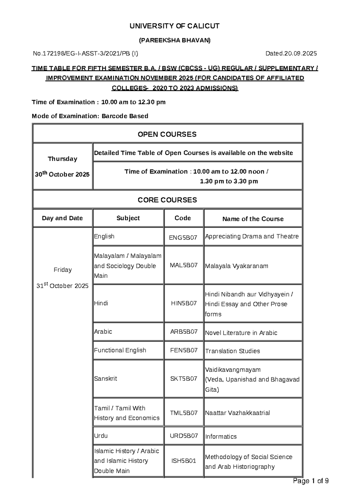 Time Table for 5th Sem B.A. BSW (CBCSS UG) Regular Exams Nov 2025 - Studocu