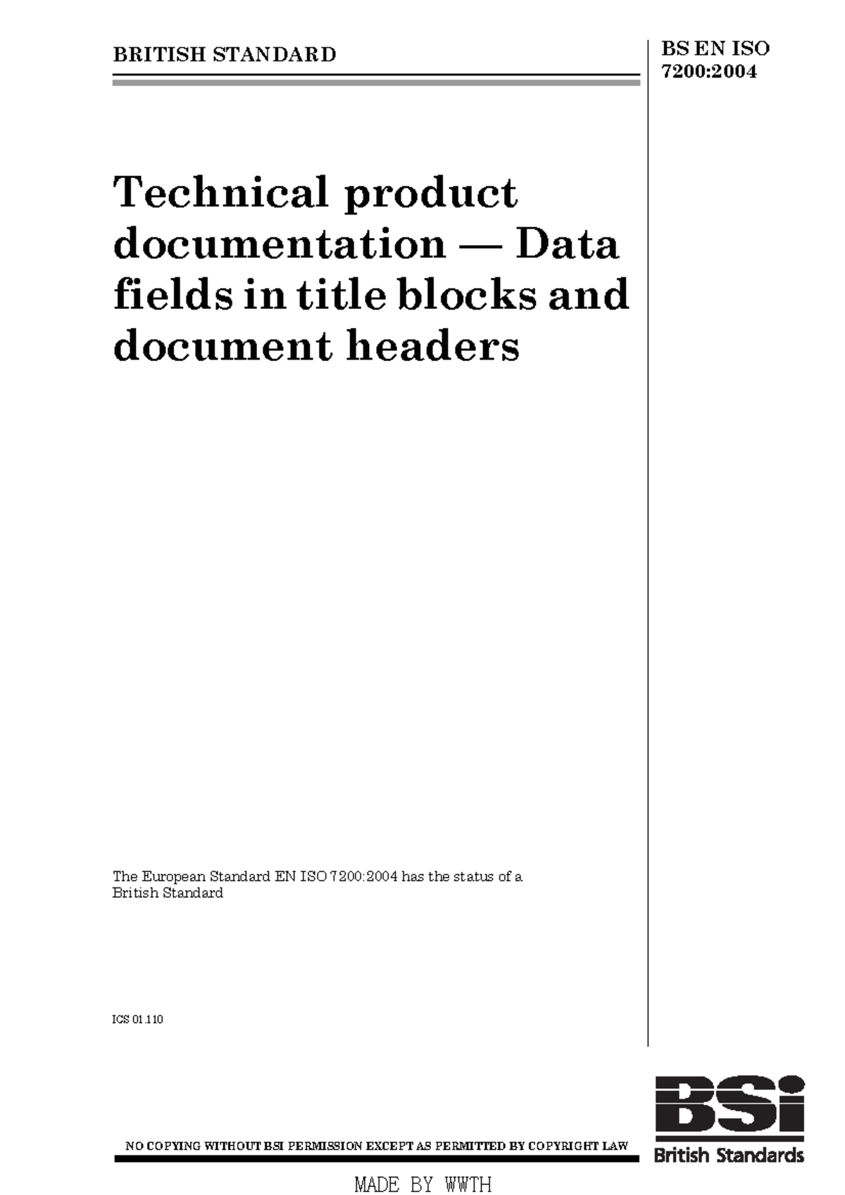 BS EN ISO 7200:2004 - Data Fields in Title Blocks and Document Headers ...