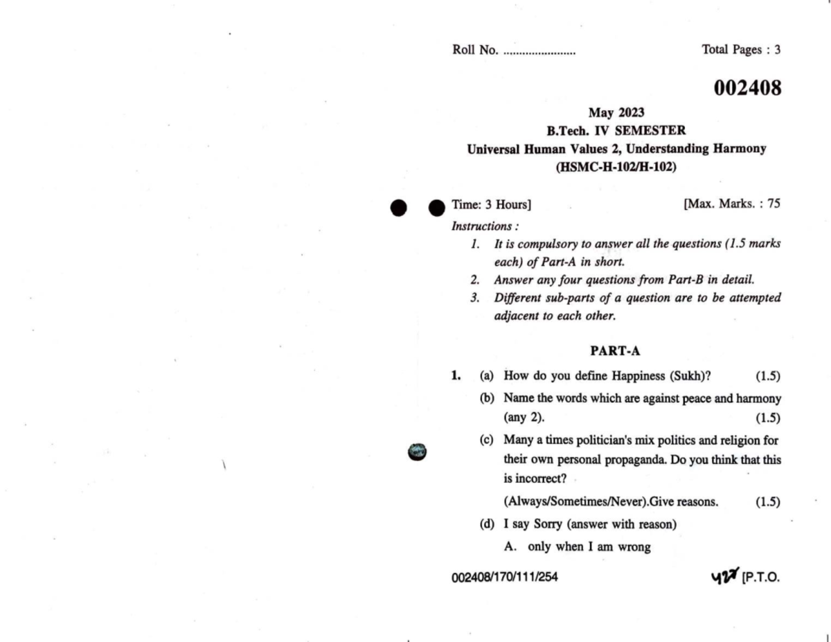 B. Tech IV Sem: Universal Human Values 2 Exam Q&A - May 2023 - Studocu