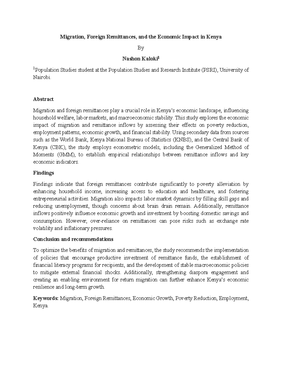 Migration and Economic Growth: Impact of Remittances in Kenya - Studocu