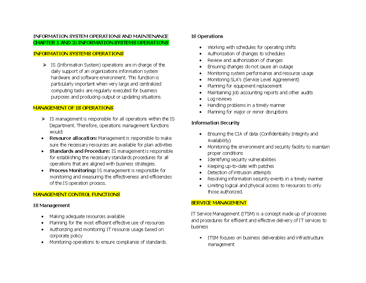 Information Systems Operations & Maintenance Ch. 1-4 Summary - Document Preview