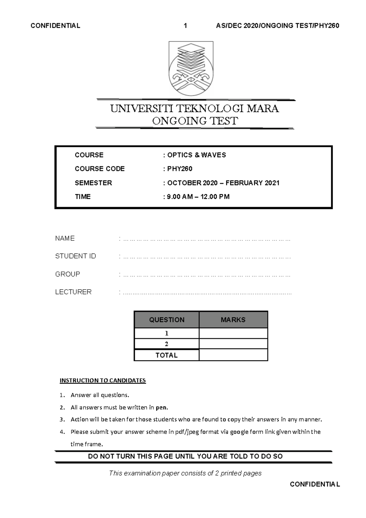 Ongoing Test Paper - PHY260 Optics Waves - Dec 2020 - Studocu