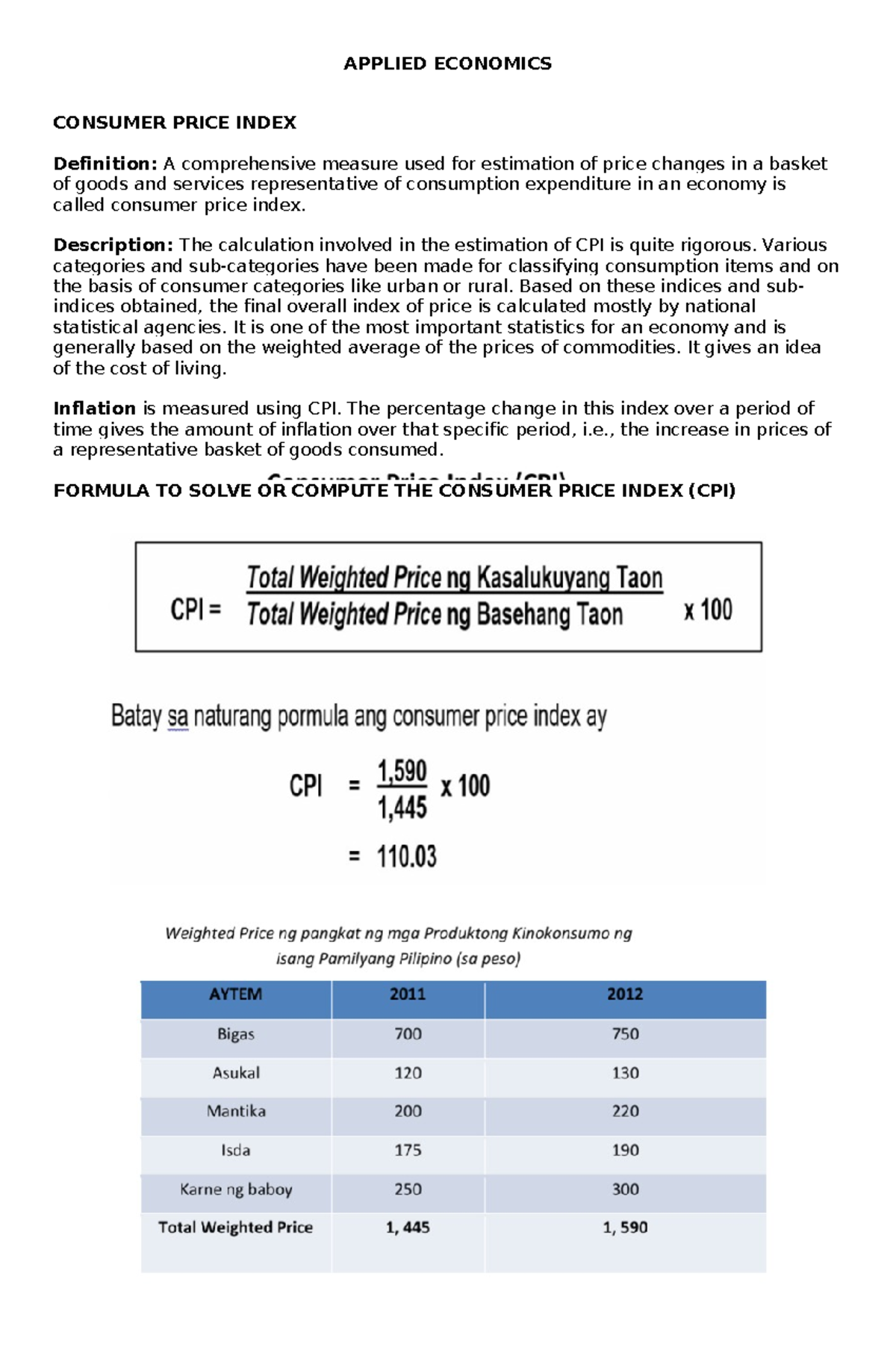 APPLIED ECONOMICS: CPI and Inflation Rate Overview and Formulas - Studocu