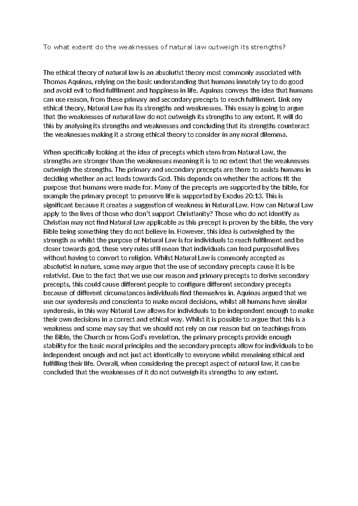 Natural Law: Evaluating Strengths vs. Weaknesses in Ethics Essay - Studocu