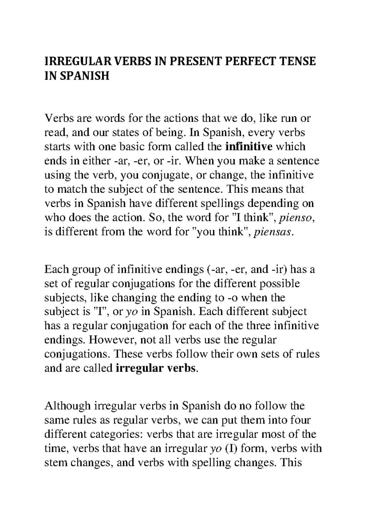 Q2 M1 2 - Irregular Verbs in Present Perfect Tense in Spanish - Studocu