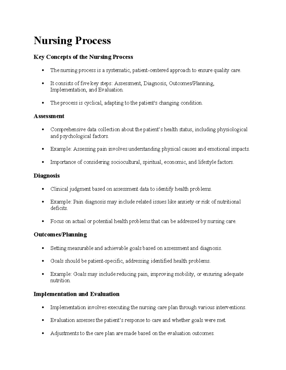 Adult Health NUR 101 Test 1 Outline: Key Concepts and Nursing Process ...