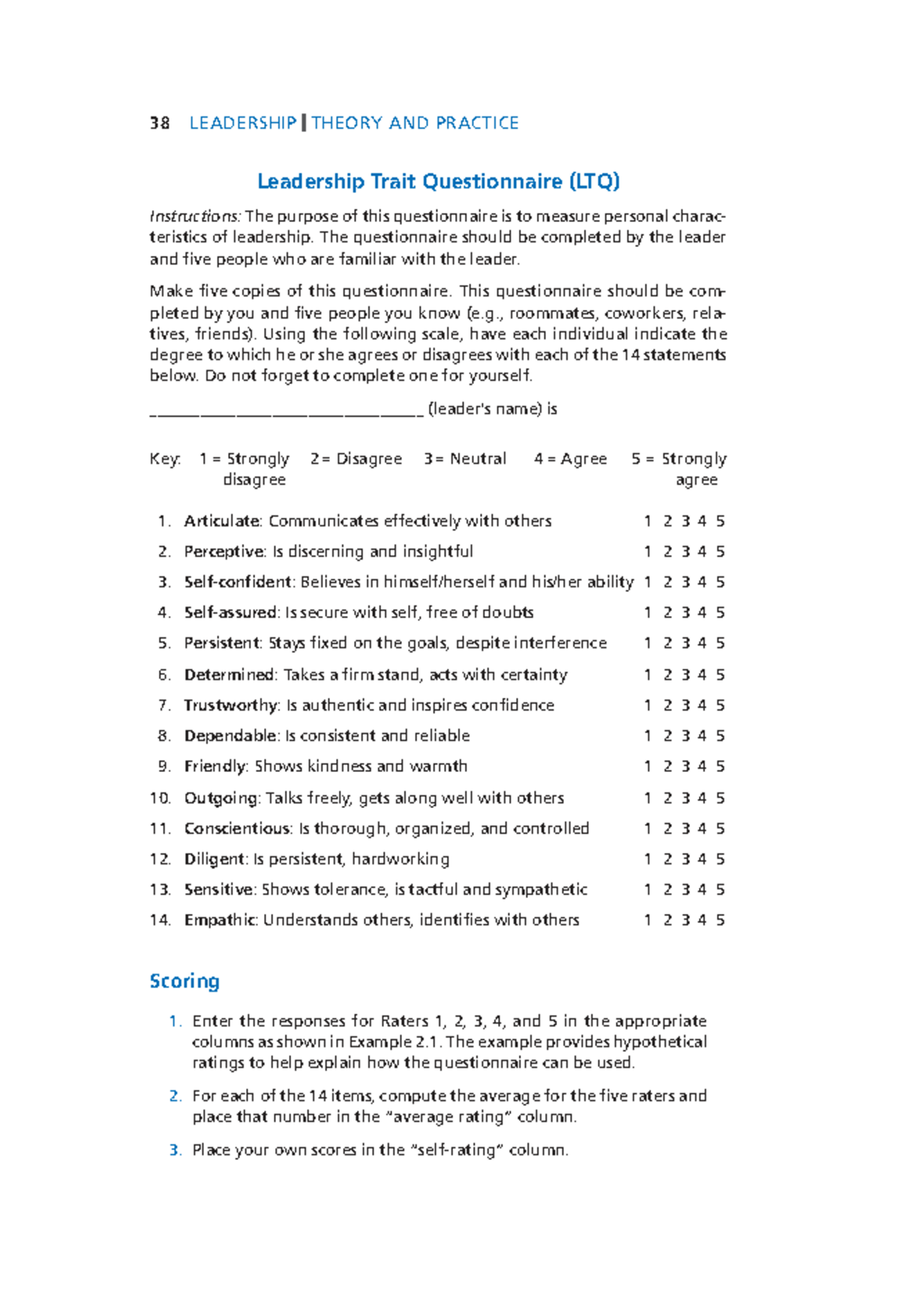 Leadership Trait Questionnaire (LTQ) Instructions and Scoring Guide ...