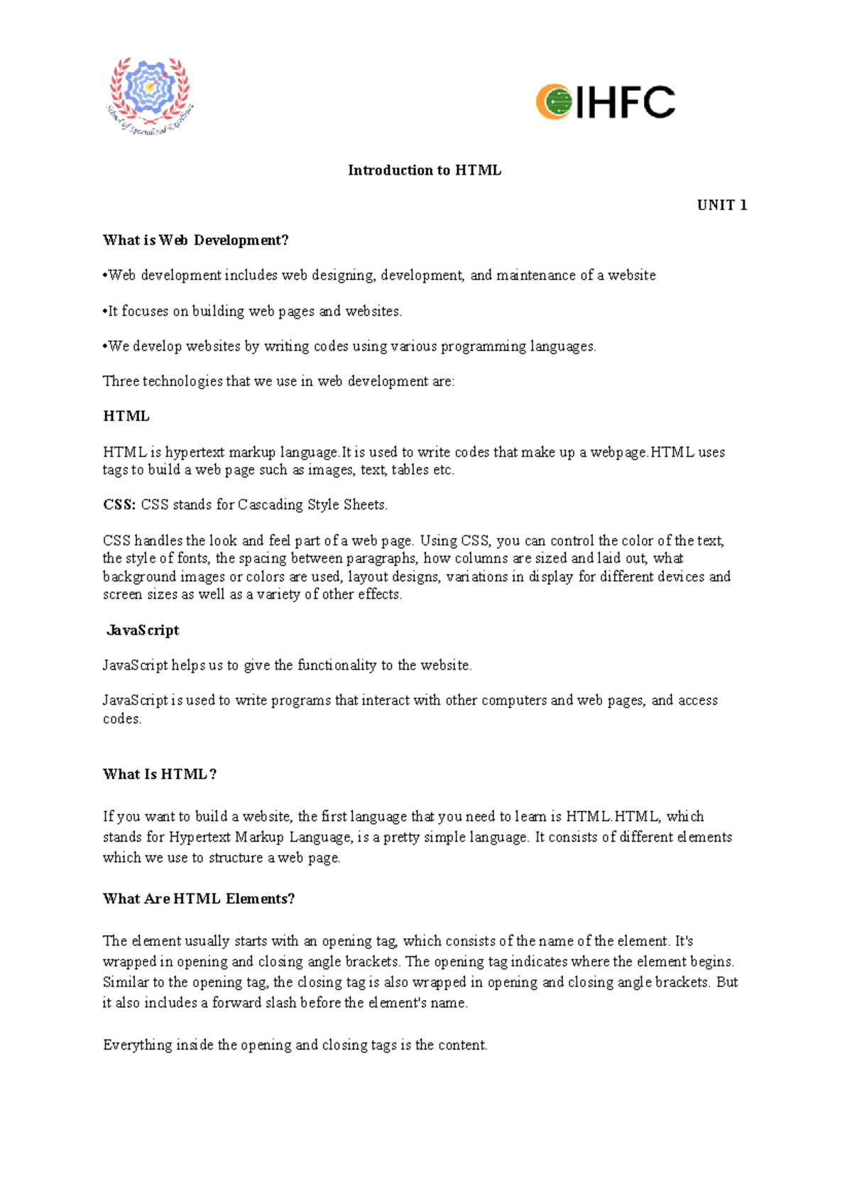 HTML Basics Grade X Handout: Introduction to Web Development - Studocu