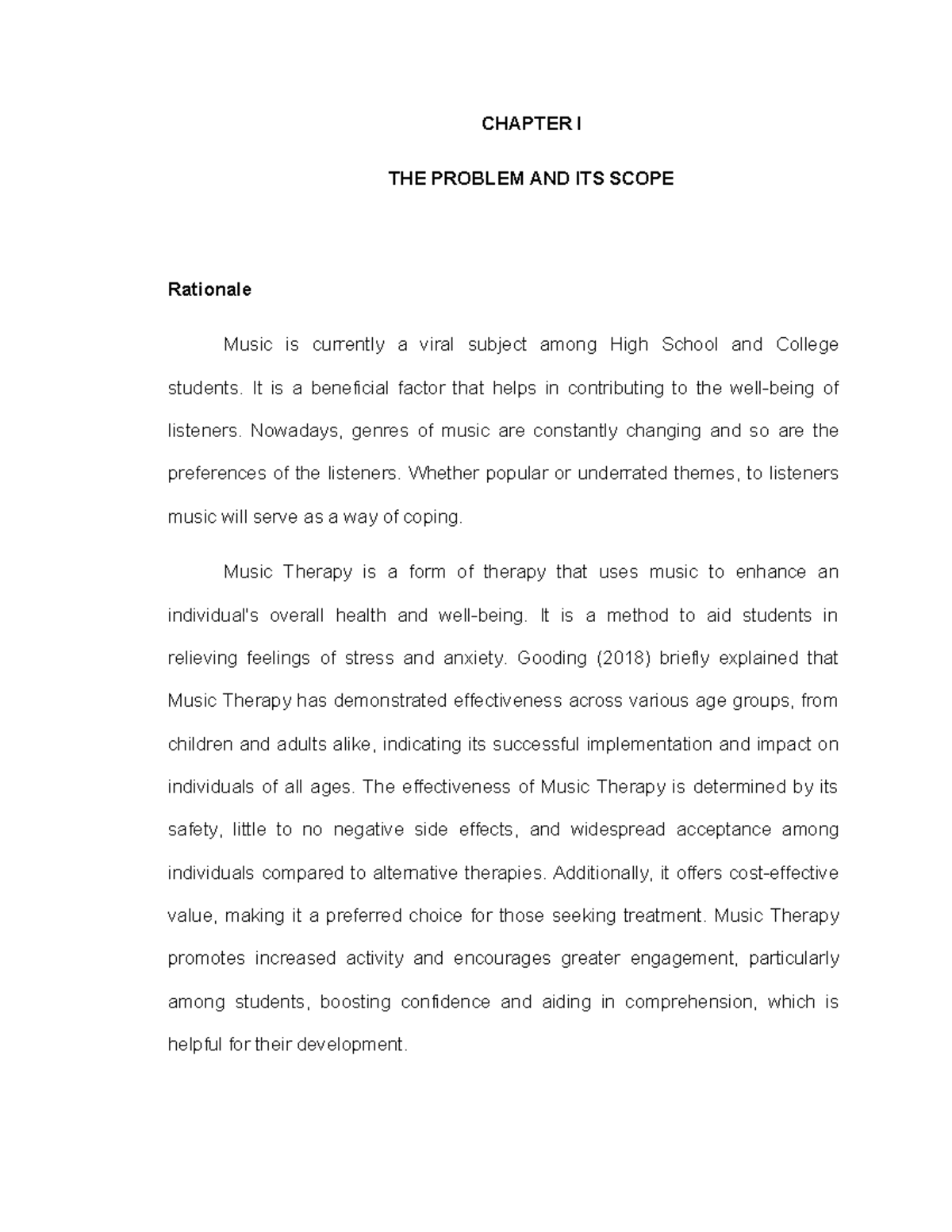 CHAPTER I: The Impact of Music Therapy on SHS Students' Wellbeing (12 ...