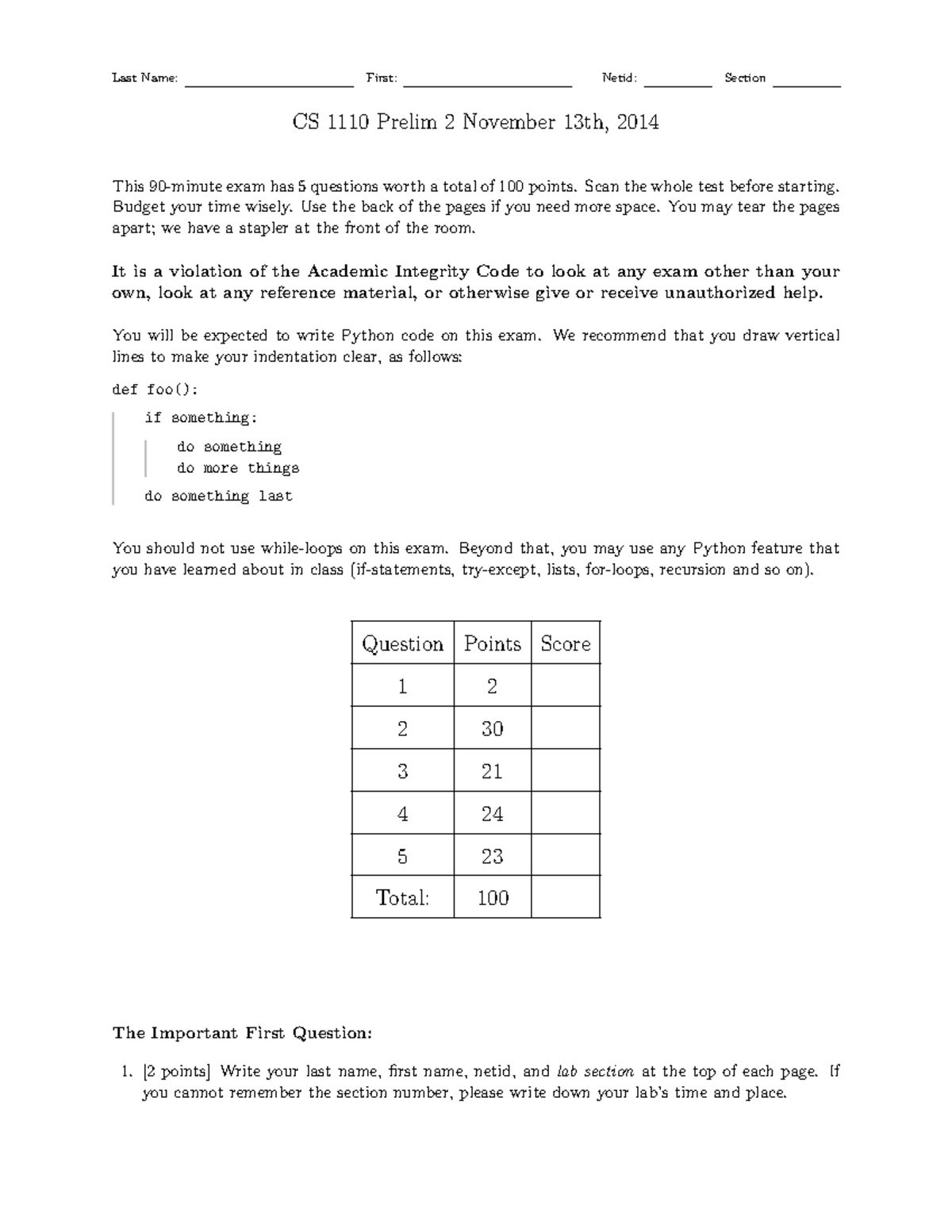 CS 1110 Prelim 2 - Past Exam Questions & Guidelines from Fall 2014 ...