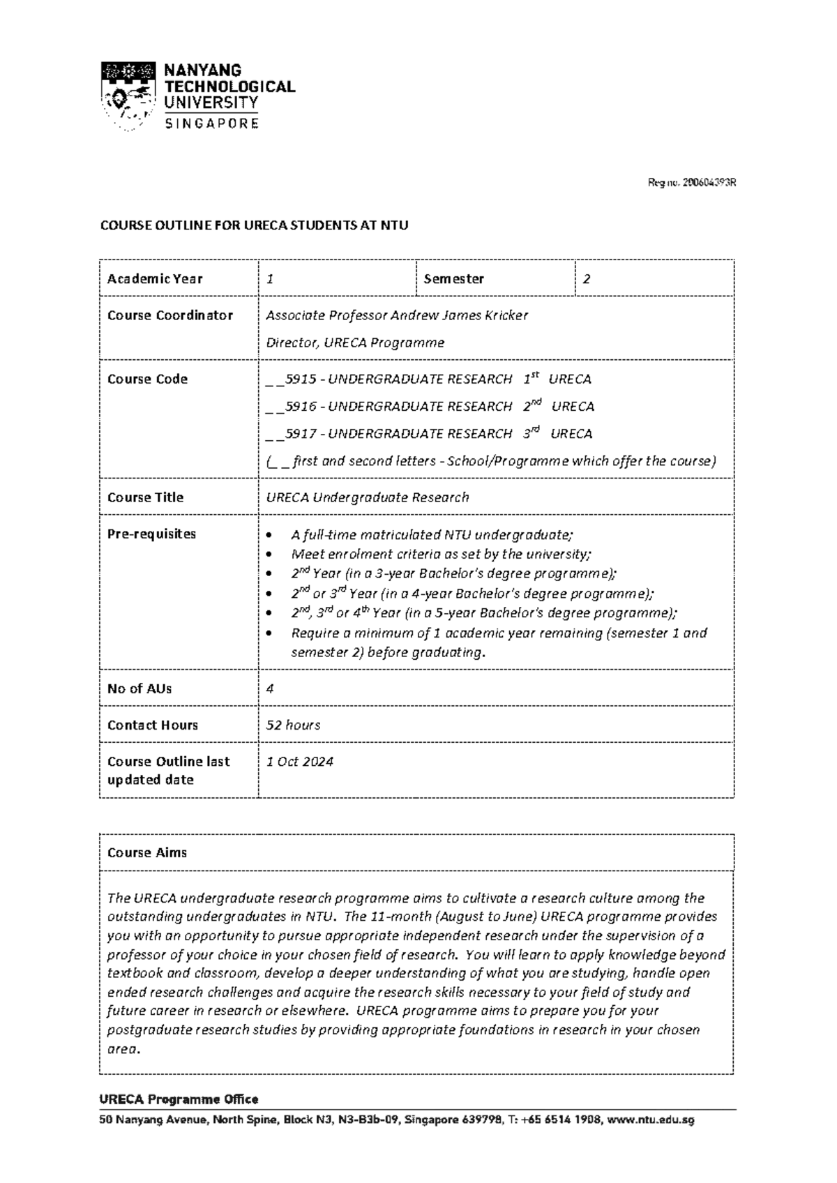 URECA Course Outline for Undergraduate Research (_ _5915, _ _5916 ...