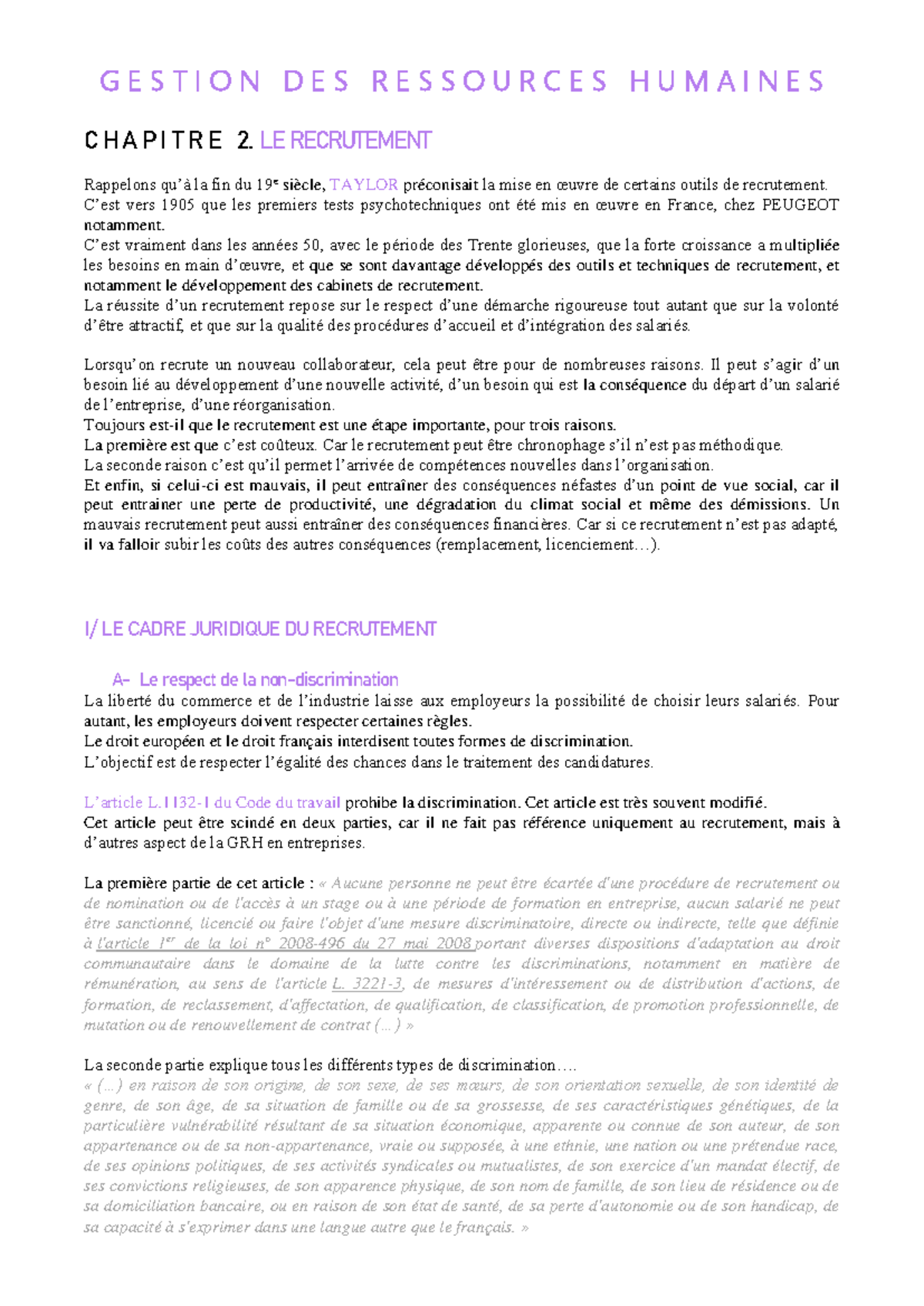 GESTION DES RESSOURCES HUMAINES - CHAPITRE 2 : LE RECRUTEMENT - Studocu