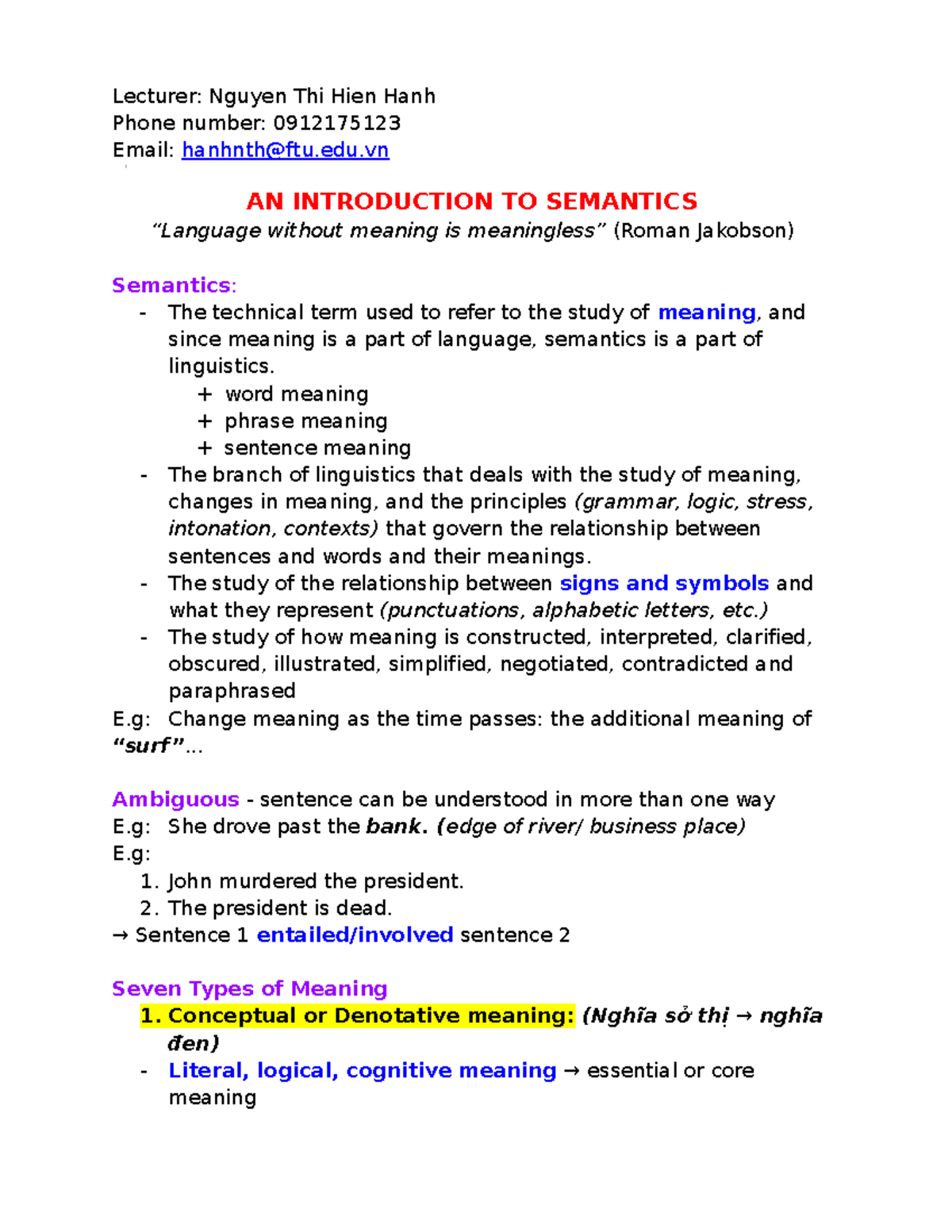 Introduction to Semantics TANE108 - Ghi chép notes and concepts - Studocu