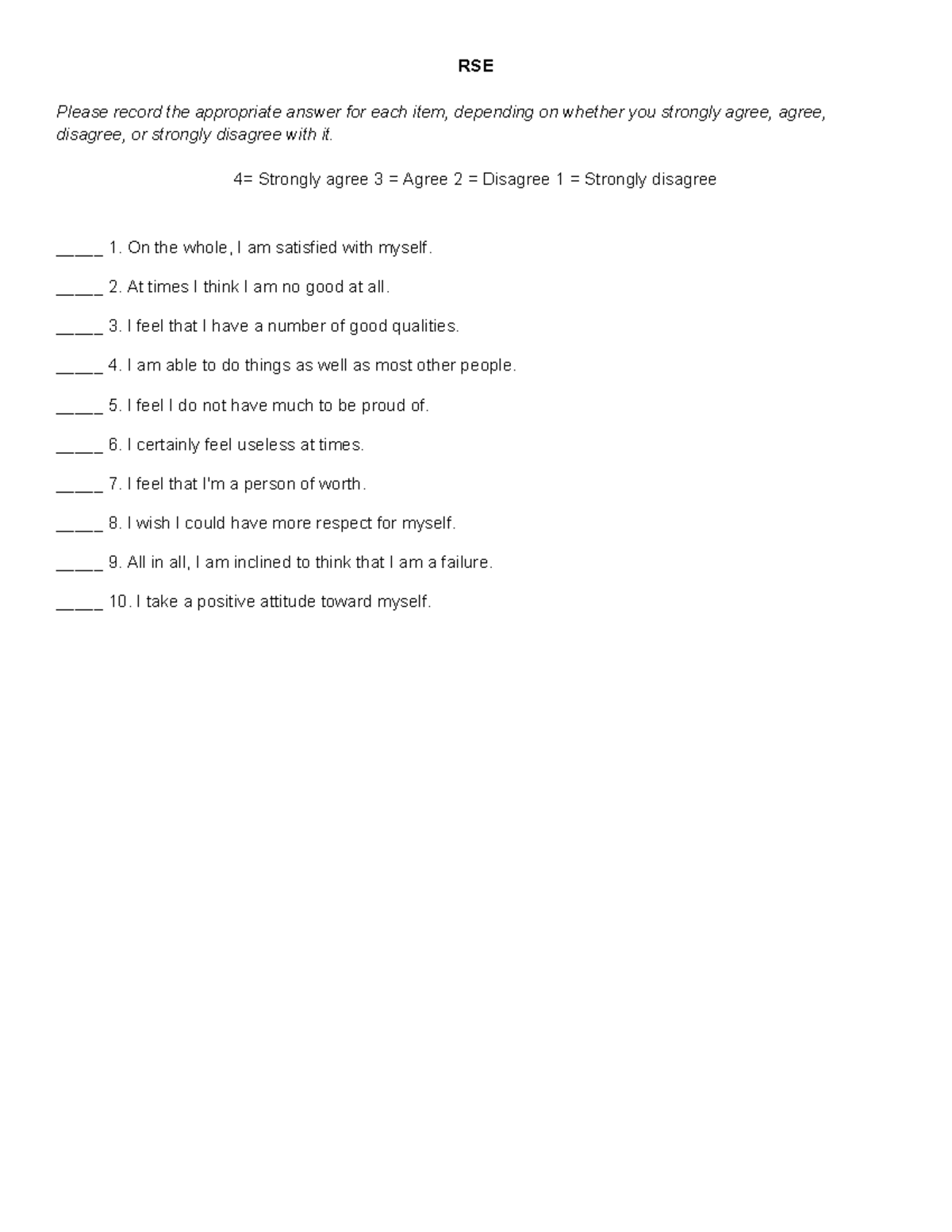 RSE - Self-Esteem Questionnaire Responses - Studocu