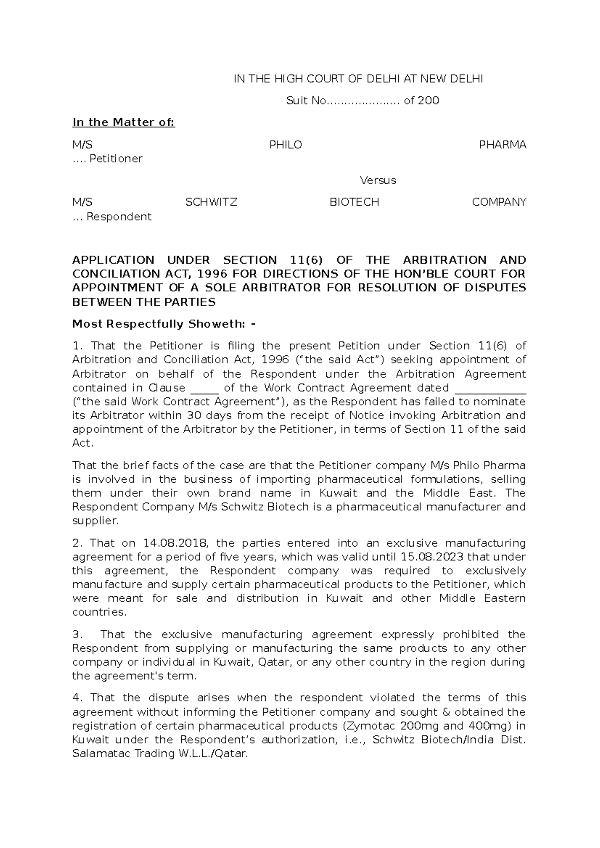 Application for Appointment of Sole Arbitrator: M/S PHILO PHARMA v. M/S ...